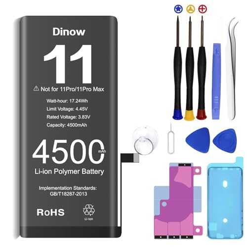Dinow Akku für iPhone 11, 4500mAh hohe Kapazität 0 Zyklus Ersatzakku Set für 11 kompatibel mit Modell A2221,A2111,A2223,Lithium-Ionen-Batterie für iPhone 11 mit Reparaturwerkzeugen Kits von Dinow