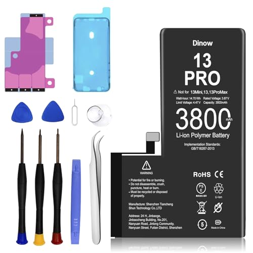 Dinow Akku für iPhone 13 Pro, 3800mAh hohe Kapazität 0 Zyklus Ersatzakku Set für 13 Pro Kompat mit Modell A2638/A2483/A2636/A2639/A2640, Lithium-Ionen-Batterie für 13Pro mit Reparaturwerkzeugen Kits Dinow Akku für iPhone 13 Pro, 3800mAh hohe Kapazität 0 Zyklus Ersatzakku Set für 13 Pro Kompat mit Modell A2638/A2483/A2636/A2639/A2640, Lithium-Ionen-Batterie für 13Pro mit Reparaturwerkzeugen Kits von Dinow
