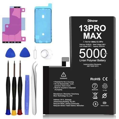 Dinow Akku für iPhone 13 Pro Max, 3800mAh hohe Kapazität Ersatzakku Set für 13 Pro Max Kompat mit Modell A2643/A2484/A2641/A2644/A2645 Lithium-Ionen-Batterie für 13Pro Max mit Reparaturwerkzeugen Kits Dinow Akku für iPhone 13 Pro Max, 3800mAh hohe Kapazität Ersatzakku Set für 13 Pro Max Kompat mit Modell A2643/A2484/A2641/A2644/A2645 Lithium-Ionen-Batterie für 13Pro Max mit Reparaturwerkzeugen Kits von Dinow
