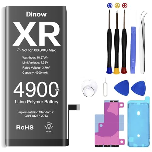 Dinow Akku für iPhone XR,4900mAh hohe Kapazität 0 Zyklus Ersatzakku Set für XR kompatibel mit Modell A2105, A1984, A2107, A2108,Lithium-Ionen-Batterie für iPhone XR mit Reparaturwerkzeugen Kits von Dinow