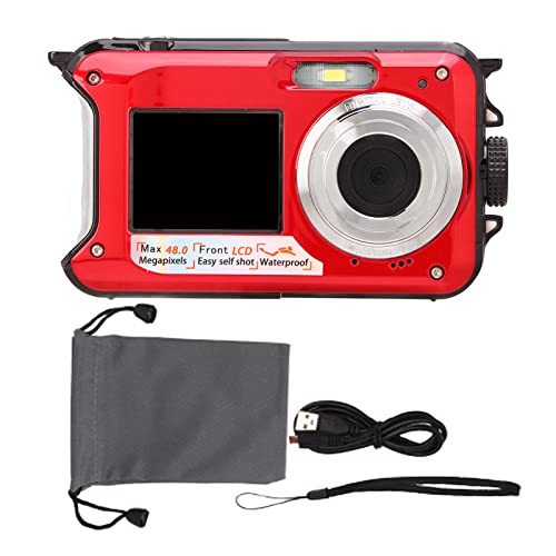 wasserdichte Digitalkamera, Full HD 2.7K 48MP 10 Fuß wasserdichte Unterwasser-Digitalkamera 16-facher Digitalzoom Vorne Hinten Doppelbildschirme (Rot) von Dioche