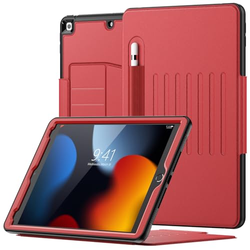SEYMAC iPad 10.2 Zoll 2019 Hülle iPad Hülle der 7 Generation (A2197/A2198/A2200),schlanke,stoßfeste Mehrwinkel-Ständerhülle mit Kartensteckplätzen, Stifthalter, automatische Schutz-Wach-Schutzhülle für iPad 7, rot von SEYMAC
