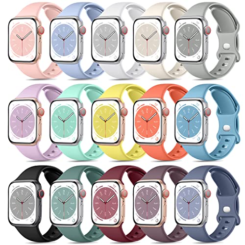 Dirrelo 15 Stück Sport Armbänder Kompatibel mit Apple Watch Armband 38mm 40mm 41mm für Damen Herren, Weiche Silikon Wasserdicht Ersatzarmband für iWatch Series 9/8/7/6/5/4/3/2/1/SE, L von Dirrelo