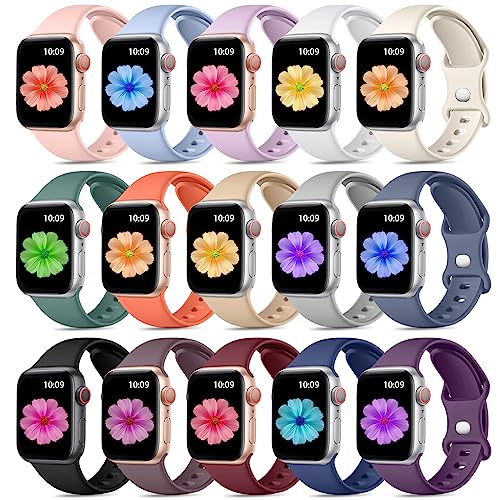 Dirrelo 15 Stück Sport Armbänder Kompatibel mit Apple Watch Armband 38mm 40mm 41mm für Damen Herren, Weiche Silikon Wasserdicht Ersatzarmband für iWatch Series 9/8/7/6/5/4/3/2/1/SE, Neu,L von Dirrelo