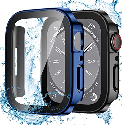 Dirrelo 2 Stück Schutzhülle für Apple Watch Series 9/8/7 45mm Hülle mit Panzerglas Displayschutz, Wasserdicht Hart PC Flache Kante Case, Hochempfindliche Schutzfolie für iWatch 9/8/7, Schwarz+Blau von Dirrelo