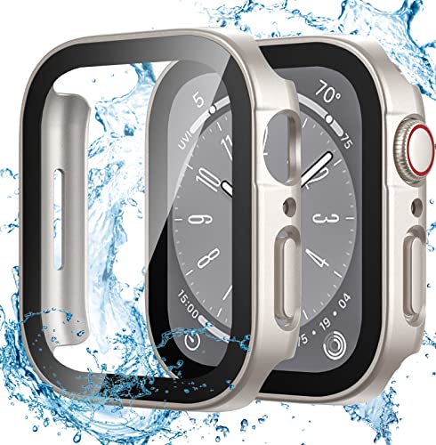 Dirrelo 2 Stück Schutzhülle für Apple Watch Series 9/8/7 45mm Hülle mit Panzerglas Displayschutz, Wasserdicht Hart PC Flache Kante Case, Hochempfindliche Schutzfolie für iWatch 9/8/7, 2Sternenlicht von Dirrelo