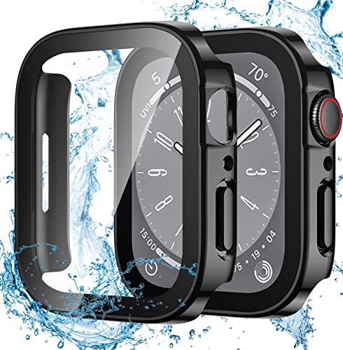 Dirrelo 2 Stück Schutzhülle für Apple Watch Series 9/8/7 45mm Hülle mit Panzerglas Displayschutz, Wasserdicht Hart PC Flache Kante Case, Hochempfindliche Schutzfolie für iWatch 9/8/7, 2Schwarz von Dirrelo