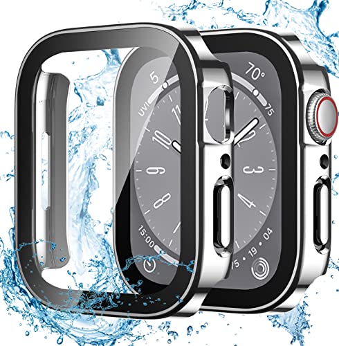 Dirrelo 2 Stück Schutzhülle für Apple Watch Series 9/8/7 45mm Hülle mit Panzerglas Displayschutz, Wasserdicht Hart PC Flache Kante Case, Hochempfindliche Schutzfolie für iWatch 9/8/7, 2Silber von Dirrelo