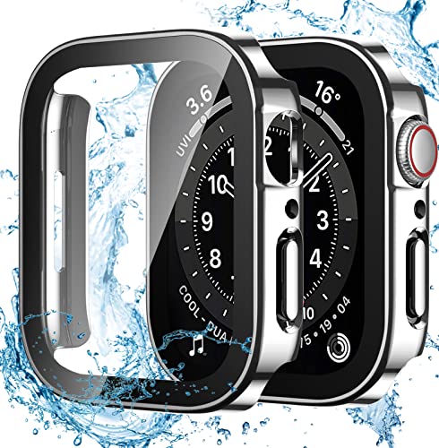 Dirrelo 2 Stück Schutzhülle für Apple Watch Series SE/6/5/4 40mm Hülle mit Panzerglas Displayschutz, Wasserdicht Hart PC Flache Kante Case, Hochempfindliche Schutzfolie für iWatch, 2Silber von Dirrelo