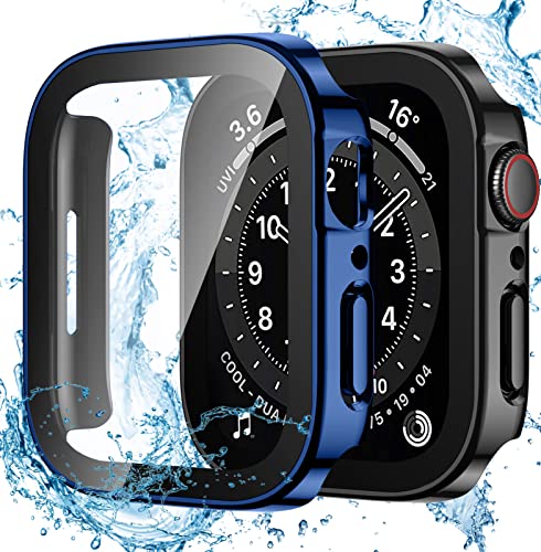 Dirrelo 2 Stück Schutzhülle für Apple Watch Series SE/6/5/4 44mm Hülle mit Panzerglas Displayschutz, Wasserdicht Hart PC Flache Kante Case, Hochempfindliche Schutzfolie für iWatch, Schwarz+Blau von Dirrelo