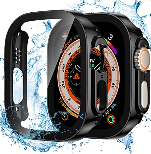 Dirrelo 2 Stück Schutzhülle für Apple Watch Ultra/Ultra 2 49mm Hülle mit Panzerglas Displayschutz, Wasserdicht Hart PC Flache Kante Case, Hochempfindliche Schutzfolie für iWatch Ultra, 2Schwarz von Dirrelo