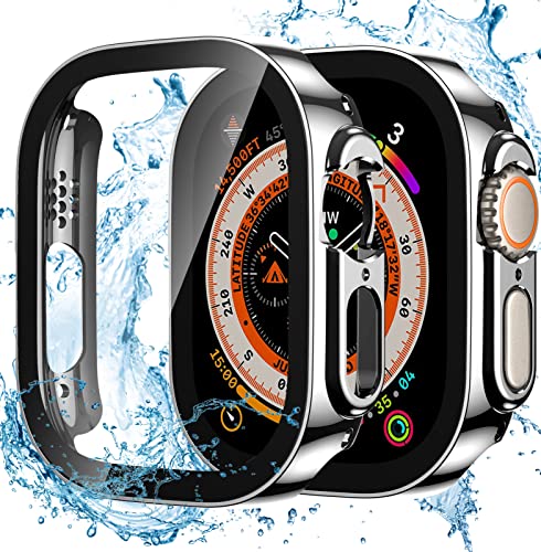 Dirrelo 2 Stück Schutzhülle für Apple Watch Ultra/Ultra 2 49mm Hülle mit Panzerglas Displayschutz, Wasserdicht Hart PC Flache Kante Case, Hochempfindliche Schutzfolie für iWatch Ultra/Ultra 2, 2Silber von Dirrelo