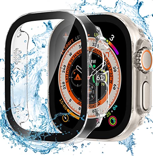 Dirrelo 2 Stück Schutzhülle für Apple Watch Ultra/Ultra 2 49mm Hülle mit Panzerglas Displayschutz, Wasserdicht Hart PC Flache Kante Case, Hochempfindliche Schutzfolie für iWatch Ultra/Ultra 2, 2Klar von Dirrelo