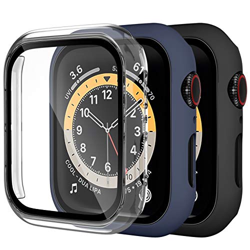 Dirrelo 3 Stück Schutzhülle Kompatibel mit Apple Watch SE & Series 6/5/4 44mm Hülle mit Panzerglas Displayschutz, Ultradünne PC Vollschutz HD Displayschutzfolie für iwatch 6/5/4, Klar/Blau/Schwarz von Dirrelo