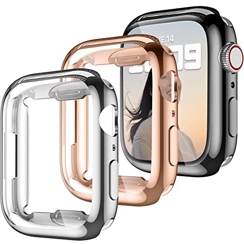 Dirrelo 3 Stück TPU Hülle Kompatibel mit Apple Watch Series 7 41mm Schutzhülle, Vollständige Abdeckung Displayschutz HD Gehäuse, Weiche Kratzfest Schutzfolie für iWatch Series 7, Schwarz/Silber/Gold von Dirrelo