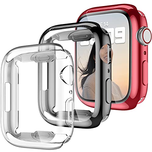 Dirrelo 3 Stück TPU Hülle Kompatibel mit Apple Watch Series 7 41mm Schutzhülle, Vollständige Abdeckung Displayschutz HD Gehäuse, Weiche Kratzfest Schutzfolie für iWatch Series 7, Klar/Schwarz/Rot von Dirrelo