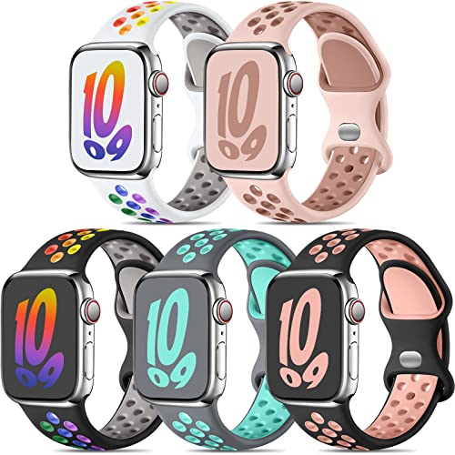 Dirrelo 5 Stück Sportarmband Kompatibel mit Apple Watch Armband 40mm 38mm 41mm für Damen, Weich Atmungsaktiv Silikonarmband für Apple Watch 8/iWatch Series 9/8/7/SE/6/5/4/3/2/1, Helle Farbe C, S von Dirrelo