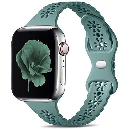 Dirrelo Lace Schlank Armband kompatible mit Apple Watch Armband 38mm 40mm 41mm für Damen Mädchen, Silikon Aushöhlen Ersatzarmband Kompatibel mit iWatch Armband Series 8/7/6/5/4/3/2/1/SE, Kieferngrün von Dirrelo