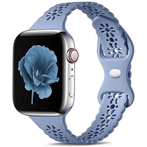 Dirrelo Lace Schlank Armband kompatible mit Apple Watch Armband 38mm 40mm 41mm für Damen Mädchen, Silikon Aushöhlen Ersatzarmband Kompatibel mit iWatch Armband Series 8/7/6/5/4/3/2/1/SE, Hellblaugrau von Dirrelo