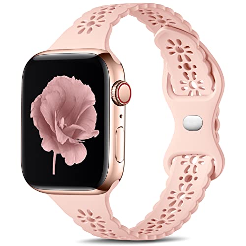 Dirrelo Lace Schlank Armband kompatible mit Apple Watch Armband 38mm 40mm 41mm für Damen Mädchen, Silikon Aushöhlen Ersatzarmband Kompatibel mit iWatch Armband Series 8/7/6/5/4/3/2/1/SE, Babyrosa von Dirrelo