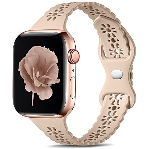 Dirrelo Lace Schlank Armband kompatible mit Apple Watch Armband 38mm 40mm 41mm für Damen Mädchen, Silikon Aushöhlen Ersatzarmband Kompatibel mit iWatch Armband Series 8/7/6/5/4/3/2/1/SE, Milchtee von Dirrelo