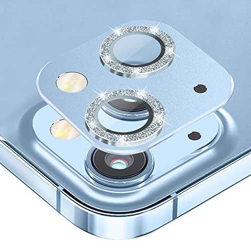 Diruite 2-Stück Kamera Linse Schutzfolie Kompatibel mit iPhone 13/13 mini, Glas Aluminium Rand [Glitter Diamonds] Kamera Linse Displayschutz für iPhone 13/13 mini Kameraschutz-Blau von Diruite
