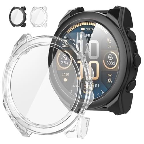 Diruite 2 Stück Schutzhülle für Garmin Fenix 8 47mm Hülle Schutzhülle Kratzfest HD Gehärtetes Glas PC Enge Passform Schutz Case,Schwarz&Transparent,47mm von Diruite