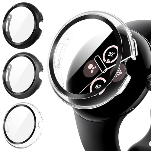 Diruite 3 Stück Hülle für Google Pixel Watch 3/2/1 41mm Schutzhülle PC Ultradünne HD Hartglas Glas Kratzfest Rundum Displayschutz Case,Schwarz&Grau&Transparent von Diruite