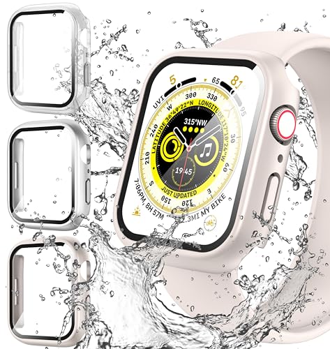 Diruite 3 Stück Schutzhülle für Apple Watch Series 6/5/4/SE 44mm Wasserdicht Hülle,PC Ultradünne HD Hartglas Glas Displayschutz für iWatch 44mm Case von Diruite