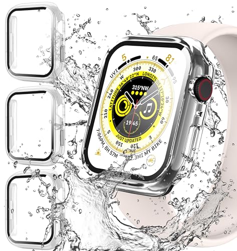 Diruite 3 Stück Schutzhülle für Apple Watch Series 9/8/7 45mm Wasserdicht Hülle,PC Ultradünne HD Hartglas Glas Displayschutz für iWatch 45mm Case von Diruite