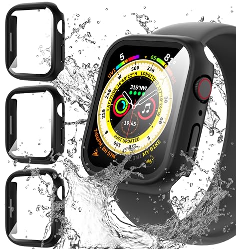 Diruite 3 Stück Schutzhülle für Apple Watch Series 9/8/7 45mm Wasserdicht Hülle,PC Ultradünne HD Hartglas Glas Displayschutz für iWatch 45mm Case von Diruite