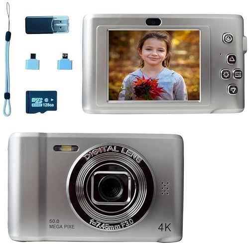 4K-Fotokamera, kompakte Digitalkamera mit Zoom, 16 x 6,1 cm (2,4 Zoll), LCD, kompakt, tragbar, mit 128 GB Karte, für Kinder, Anfänger, Erwachsene von Diseleri