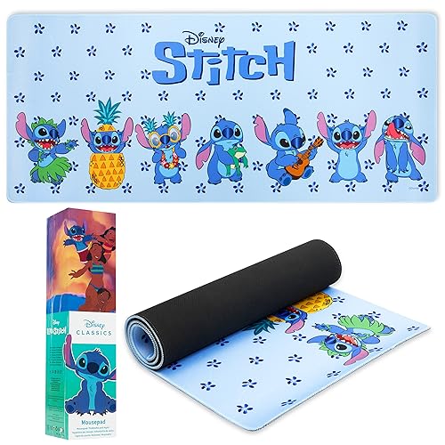 Disney Stitch Schreibtischunterlage XXL - Baby Yoda Gaming Schreibtisch Zubehör 800x360mm - Anti-Rutsch, Bürobedarf PC Laptop Zubehör Unterlage Matte Gaming Desk Mat Büro Deko (Blau Stitch) von Disney