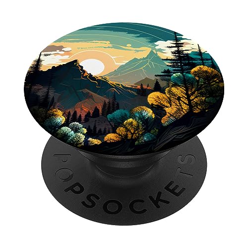 Berg Wildnis Sonnenuntergang Baum Erdige Wald Blumen Blume PopSockets mit austauschbarem PopGrip von Displace Design