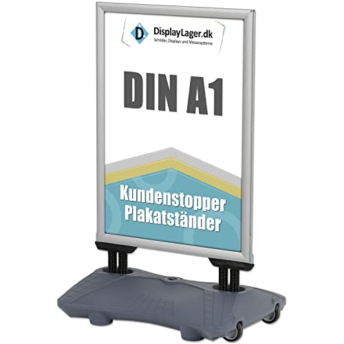 DisplayLager Kundenstopper Doppelfederung Model Wind-Pro | Für DIN A1 594x841 mm. Robuster Wetterfester Plakataufsteller. Standgewicht für hohe Windgeschwindigkeiten und Rollen (A1, Grau) von DisplayLager