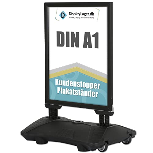 DisplayLager Kundenstopper Doppelfederung Model Wind-Pro | Für DIN A1 594x841 mm. Robuster Wetterfester Plakataufsteller. Standgewicht für hohe Windgeschwindigkeiten und Rollen (A1, Schwarz) von DisplayLager