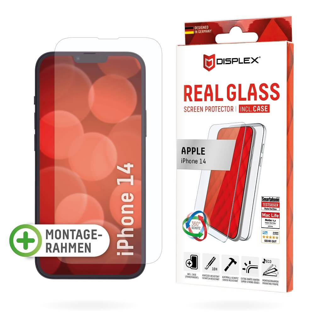 DISPLEX Panzerglas (10H) + Schutzhülle für Apple iPhone 14 Eco-Montagerahmen, + Case, Tempered Glas, kratzer-resistente Schutzfolie von Displex