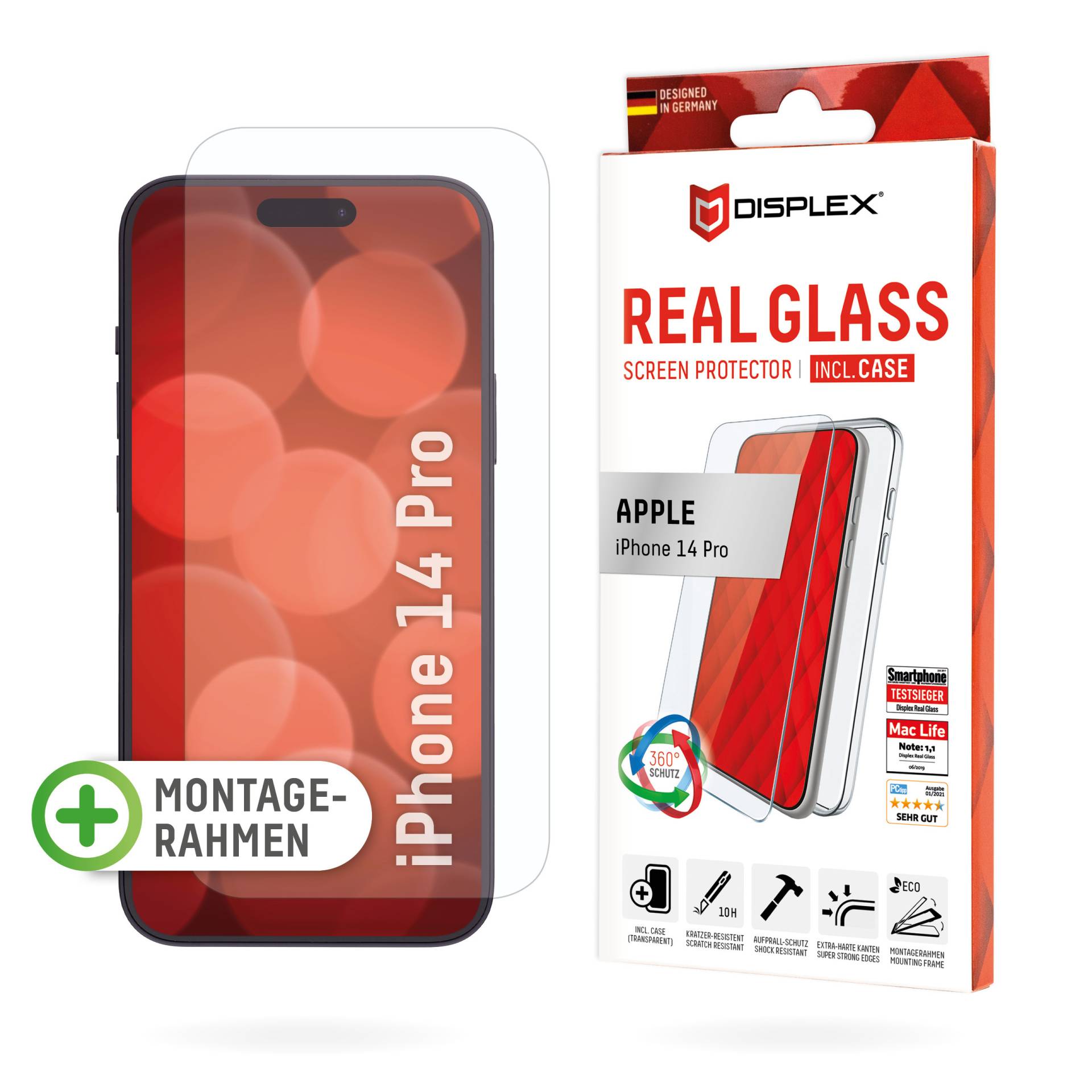 DISPLEX Panzerglas (10H) + Schutzhülle für Apple iPhone 14 Pro, Schutzhülle, Eco-Montagerahmen, kratzer-resistente Glasschutzfolie von Displex