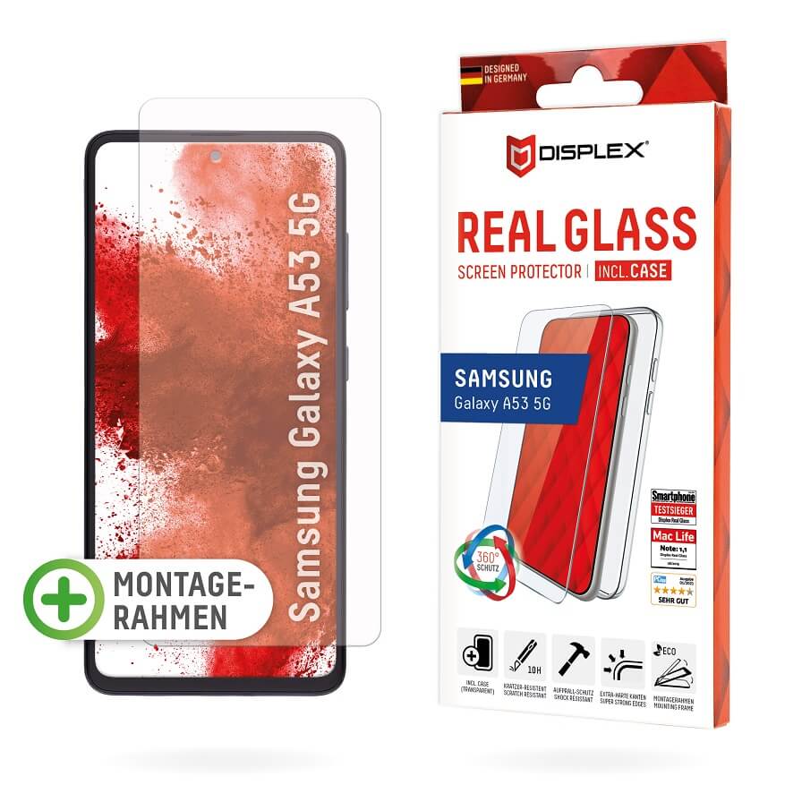 DISPLEX Panzerglas (10H) + Schutzhülle für Samsung Galaxy A53 5G Eco-Montagerahmen, + Case, Tempered Glas, kratzer-resistente Schutzfolie von Displex