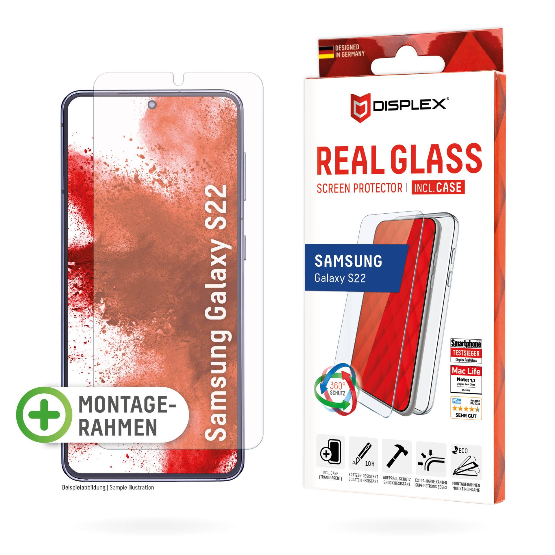 DISPLEX Panzerglas (10H) + Schutzhülle für Samsung Galaxy S22 Eco-Montagerahmen, + Case, Tempered Glas, kratzer-resistente Schutzfolie von Displex