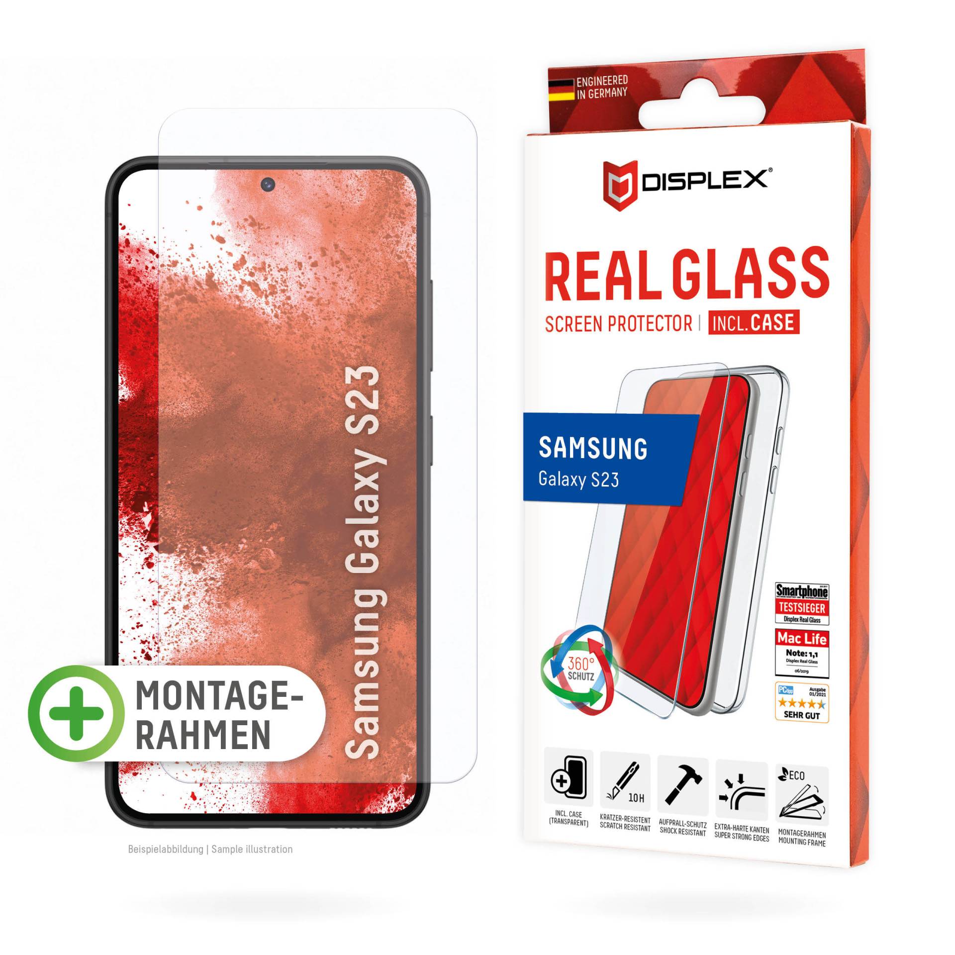 DISPLEX Panzerglas (10H) + Schutzhülle für Samsung Galaxy S23, Schutzhülle, Eco-Montagerahmen, kratzer-resistente Glasschutzfolie von Displex