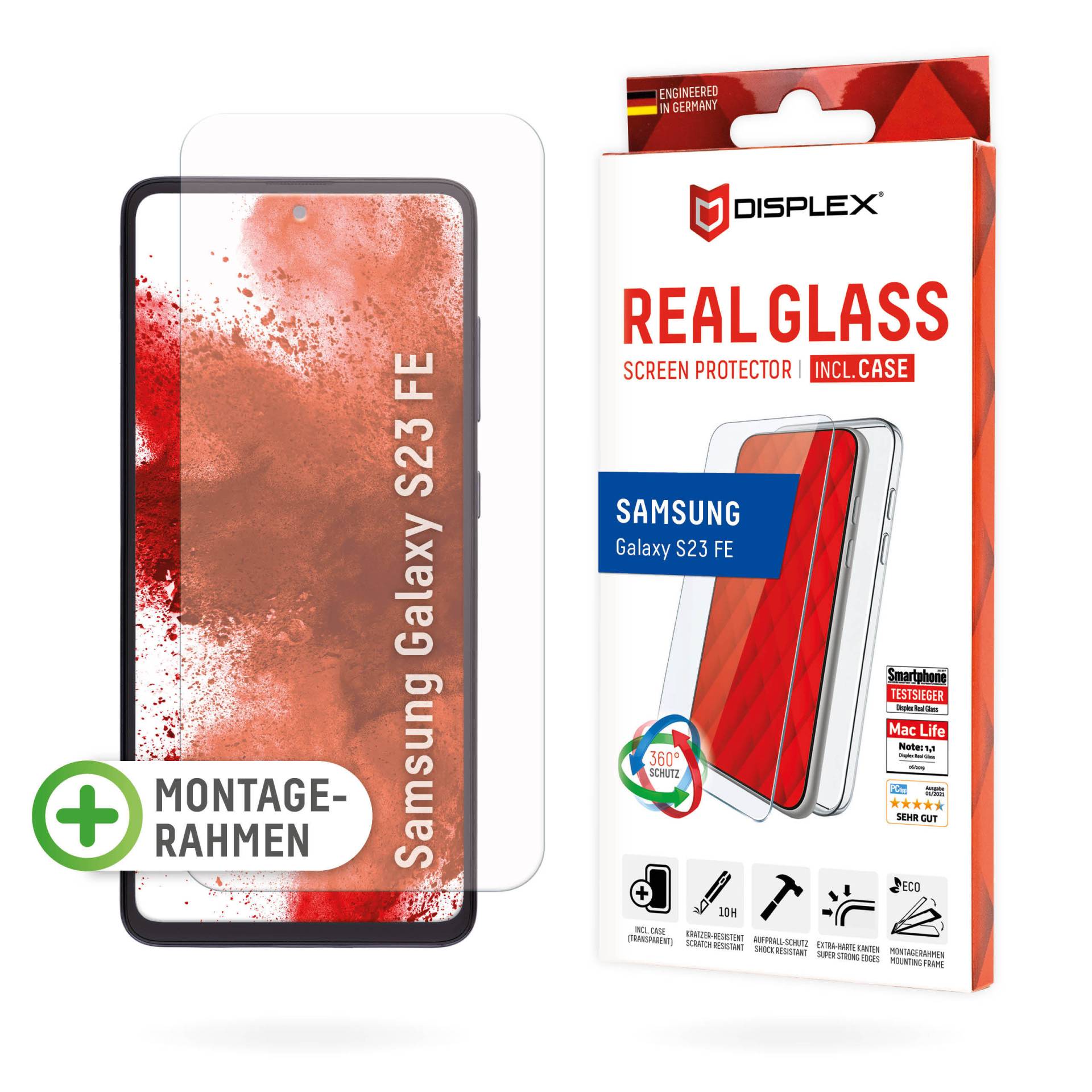 DISPLEX Panzerglas (10H) + Schutzhülle für Samsung Galaxy S23 FE Eco-Montagerahmen, + Case, Tempered Glas, kratzer-resistente Schutzfolie von Displex