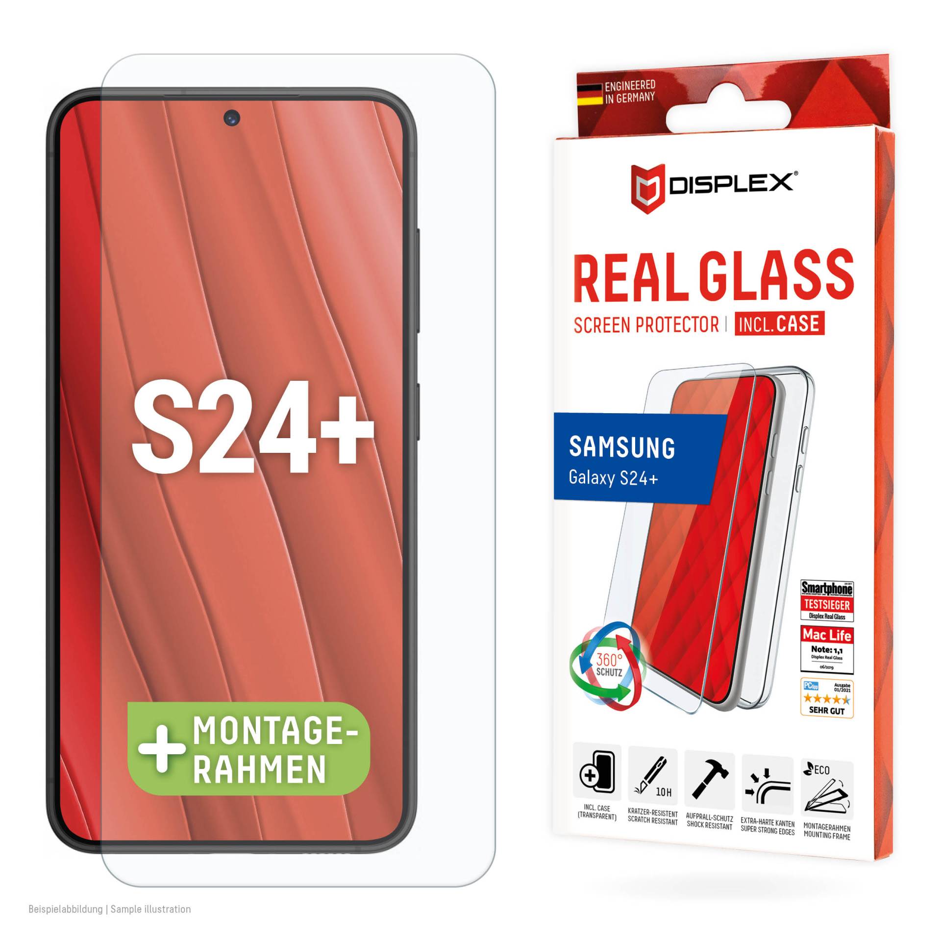 DISPLEX Panzerglas (10H) + Schutzhülle für Samsung Galaxy S24+ Eco-Montagerahmen, + Case, Tempered Glas, kratzer-resistente Schutzfolie von Displex