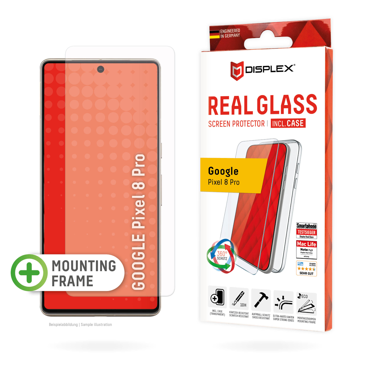 DISPLEX Panzerglas 2D/ Clear (10H) für Google Pixel 8 Pro Eco-Montagerahmen, Tempered Glas, kratzer-resistente Schutzfolie, hüllenfreundlich von Displex