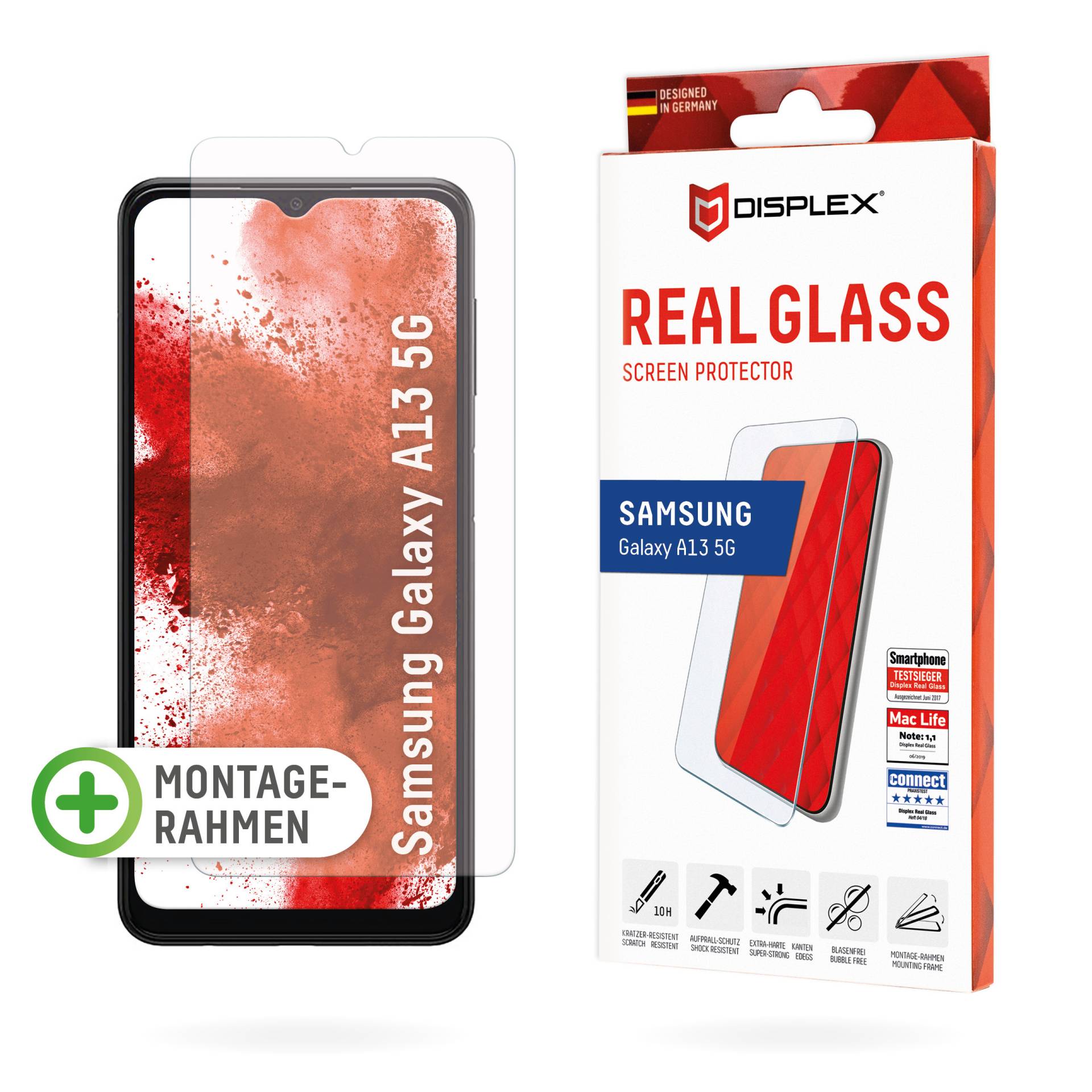 DISPLEX Panzerglas 2D/ Clear (10H) für Samsung A13 (NE)/ A13 5G Eco-Montagerahmen, Tempered Glas, kratzer-resistente Schutzfolie, hüllenfreundlich von Displex