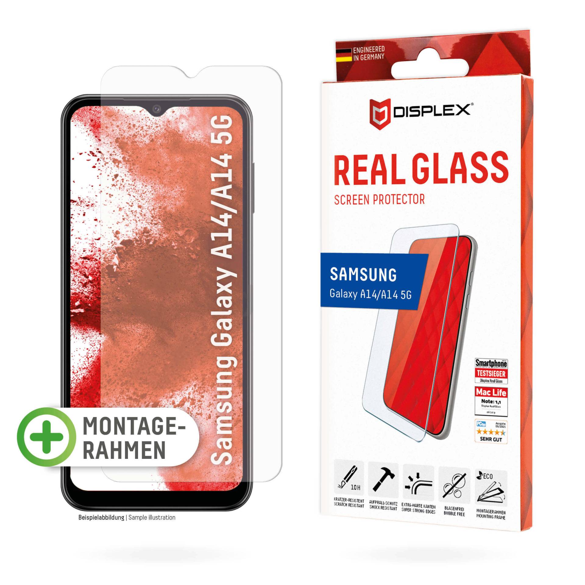 DISPLEX Panzerglas 2D/ Clear (10H) für Samsung Galaxy A14 5G Eco-Montagerahmen, Tempered Glas, kratzer-resistente Schutzfolie, hüllenfreundlich von Displex