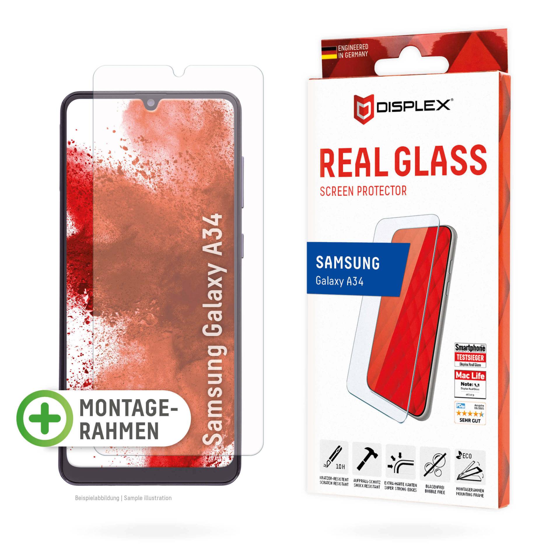 DISPLEX Panzerglas 2D/ Clear (10H) für Samsung Galaxy A34 Eco-Montagerahmen, Tempered Glas, kratzer-resistente Schutzfolie, hüllenfreundlich von Displex