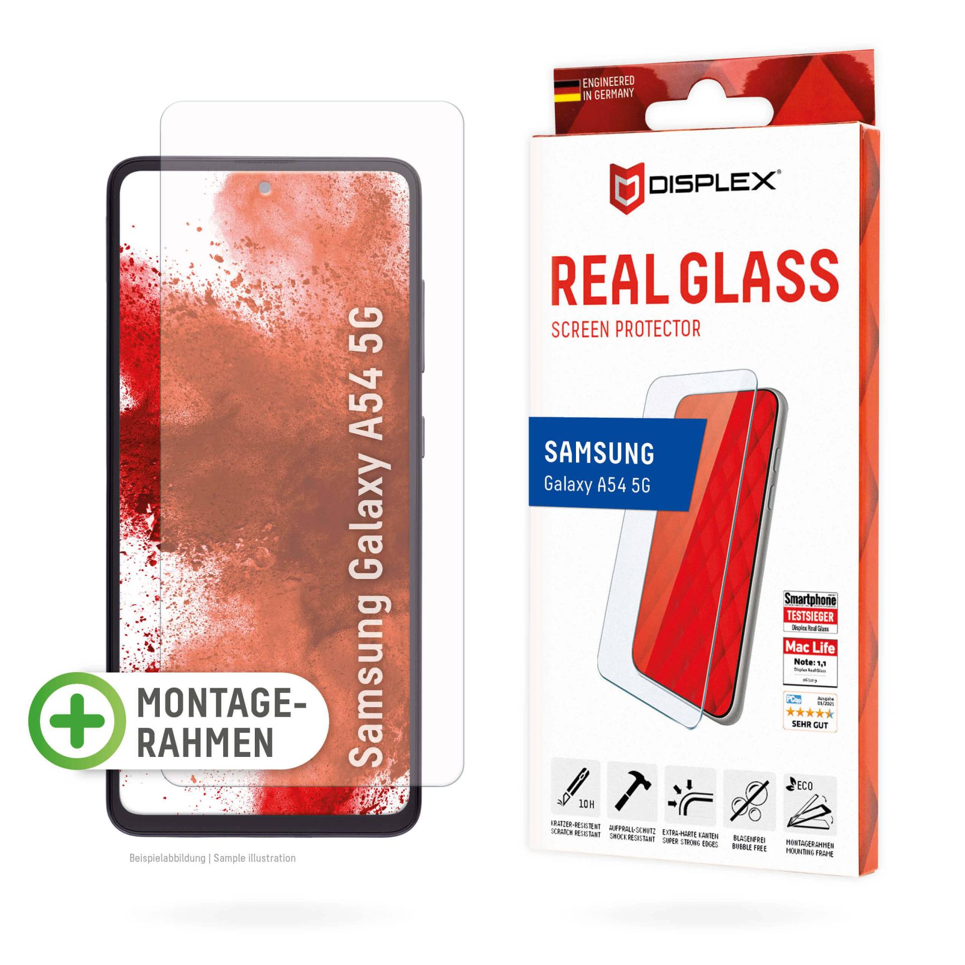 DISPLEX Panzerglas 2D/ Clear (10H) für Samsung Galaxy A54 5G Eco-Montagerahmen, Tempered Glas, kratzer-resistente Schutzfolie, hüllenfreundlich von Displex