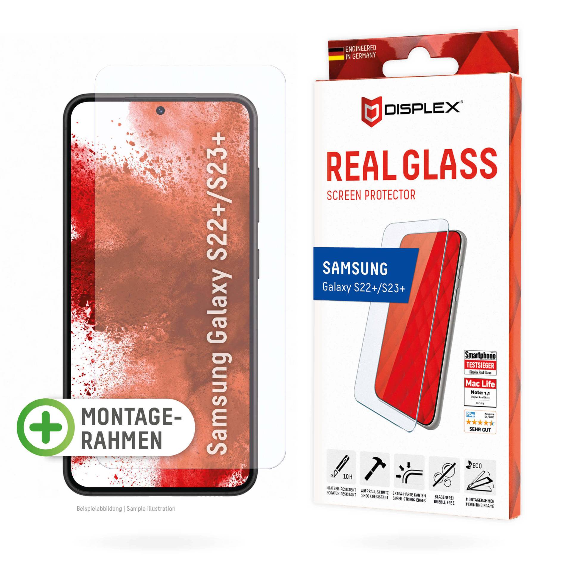 DISPLEX Panzerglas 2D/Clear (10H) für Samsung Galaxy S22+/S23+ Eco-Montagerahmen, Tempered Glas, kratzer-resistente Glasschutzfolie, hüllenfreundlich von Displex