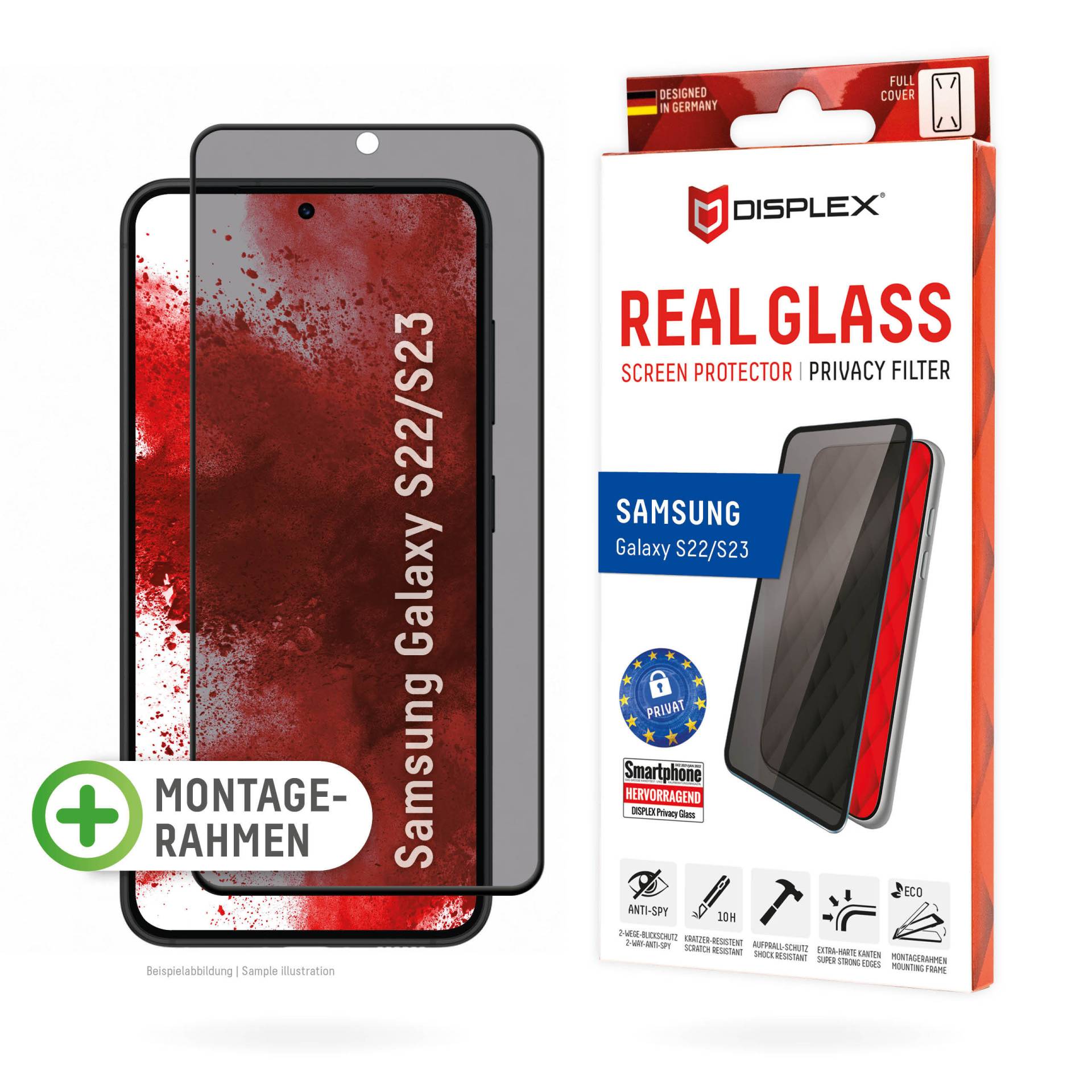 DISPLEX Privacy Full Cover Panzerglas (10H) f. Samsung Gal. S23, Eco-Montagerahmen, Privacy Filter, Tempered Glas, kratzer-resistente Glasschutzfolie, von Displex